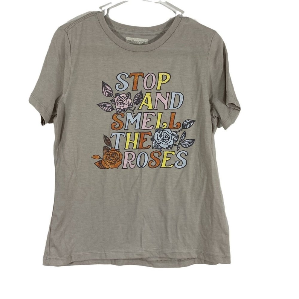 Stop And Smell The Roses Millennial Womens Gray Short Sleeves Pullover T Shirt M